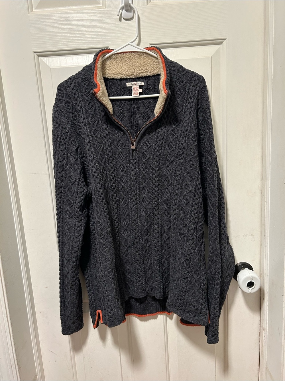 Mens Carbon2cobalt Charcoal Cable-Knit Quarter-Zip Sweater with Sherpa Collar